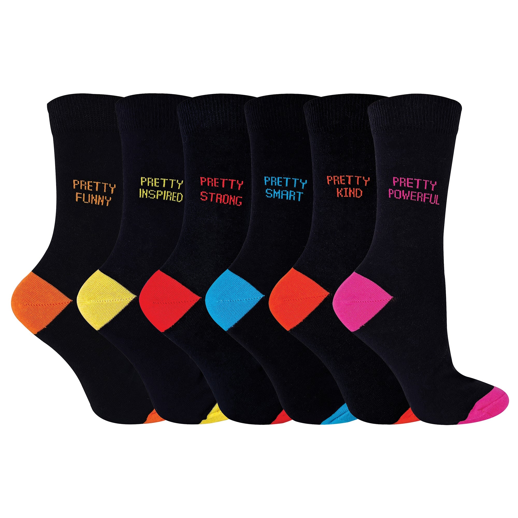Six pack of women's black novelty socks with colourful heels toes and uplifting motif words