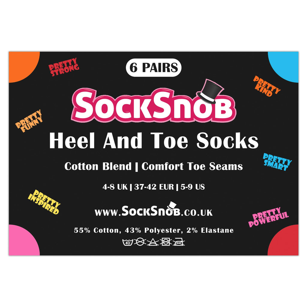 Six pack of women's black novelty socks with colourful heels toes and uplifting motif words — view 2