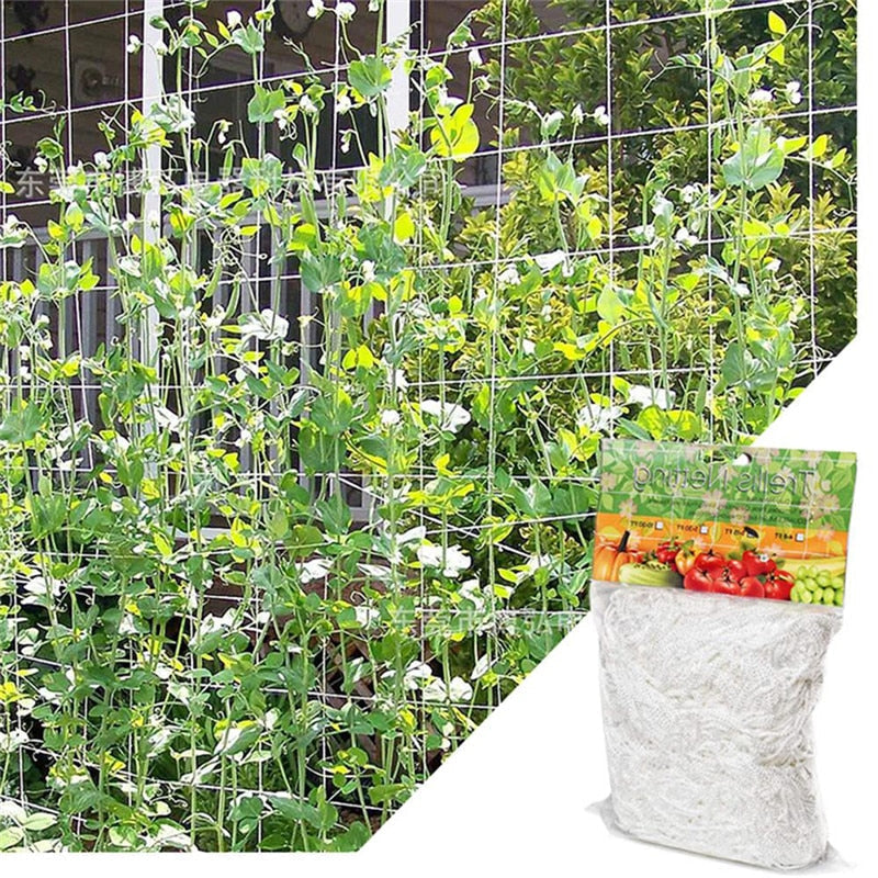 White polyester plant trellis netting supporting green vining vegetable plants in an outdoor garden — view 2