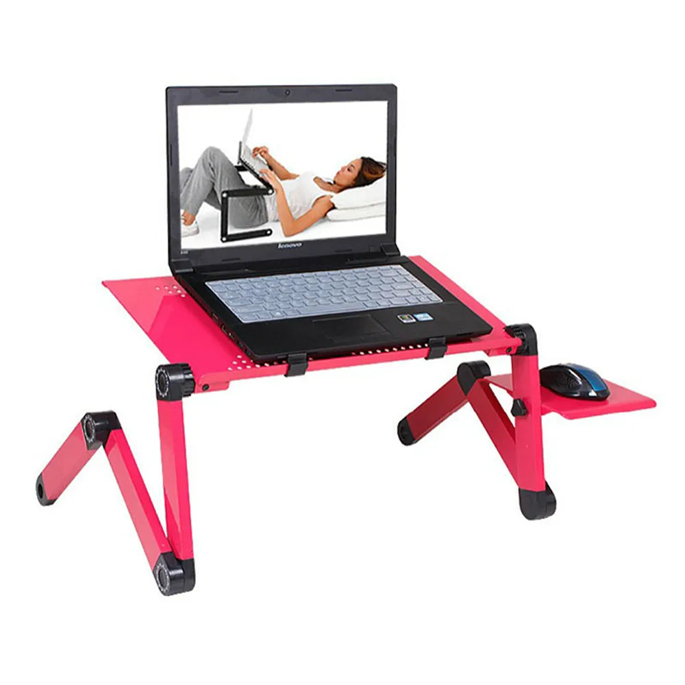 Adjustable aluminum laptop stand with an integrated mouse pad, set up as an ergonomic portable lapdesk