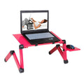 Adjustable aluminum laptop desk stand with an integrated mouse pad configured for ergonomic use anywhere