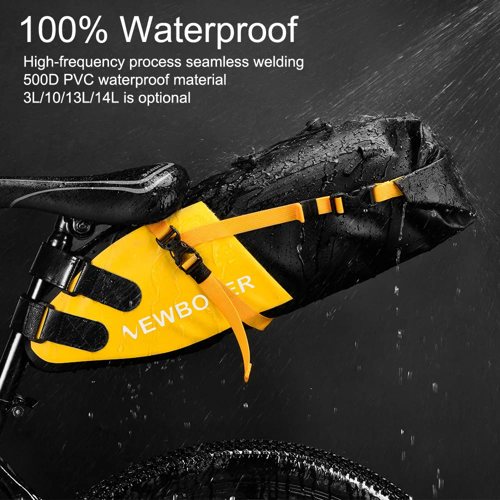 Waterproof 13L bike saddle bag in yellow PVC, mounted securely to a bicycle seat post — view 4