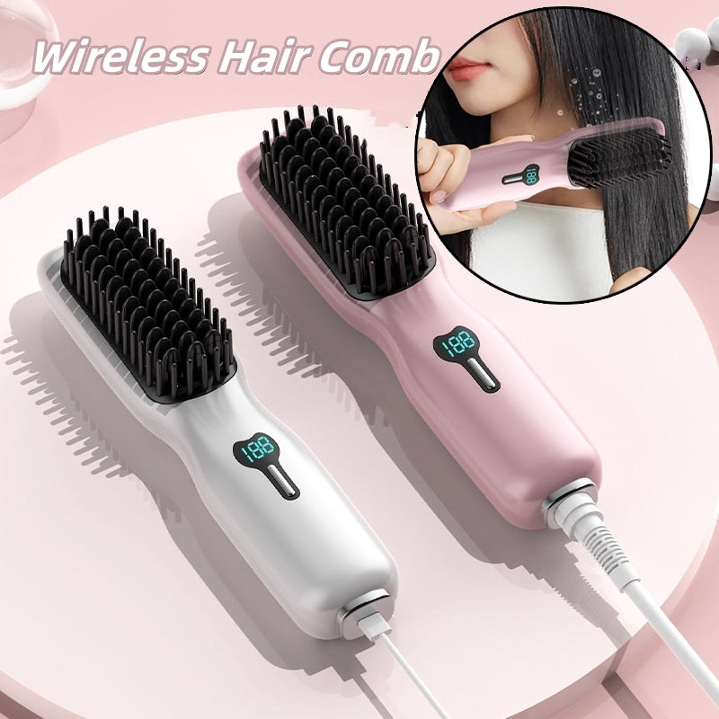Rechargeable cordless hair straightener brush with LCD display and heat insulated comb teeth