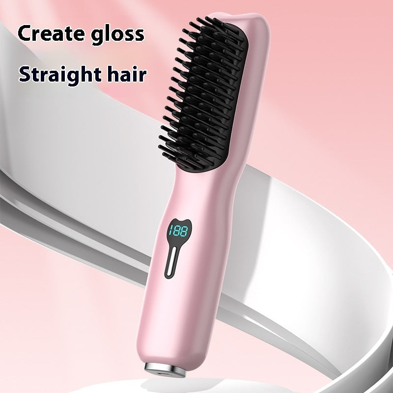 Rechargeable cordless hair straightener brush with LCD display and heat insulated comb teeth — view 2