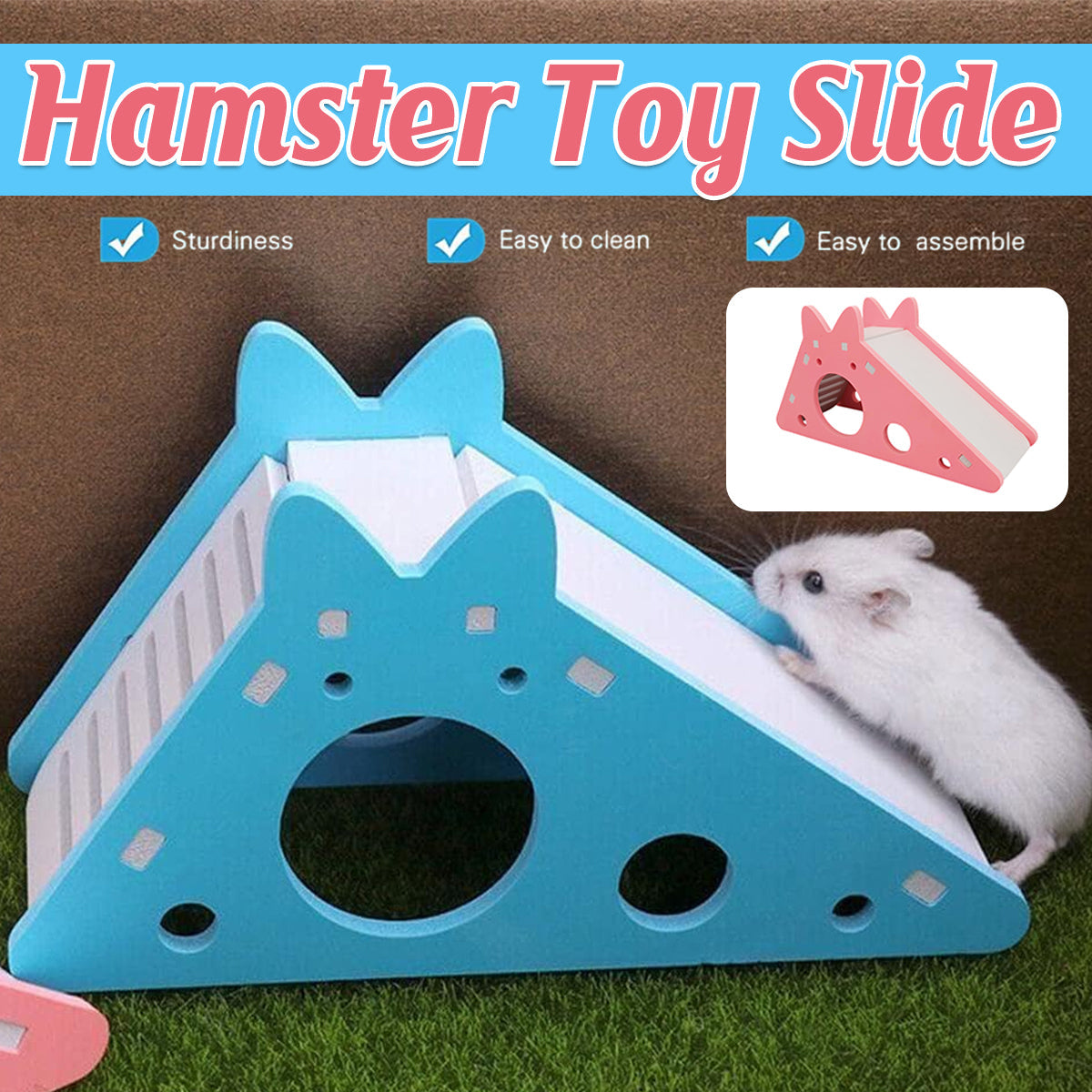 Hamster toy house with slide in pink and blue PVC for small animal habitats