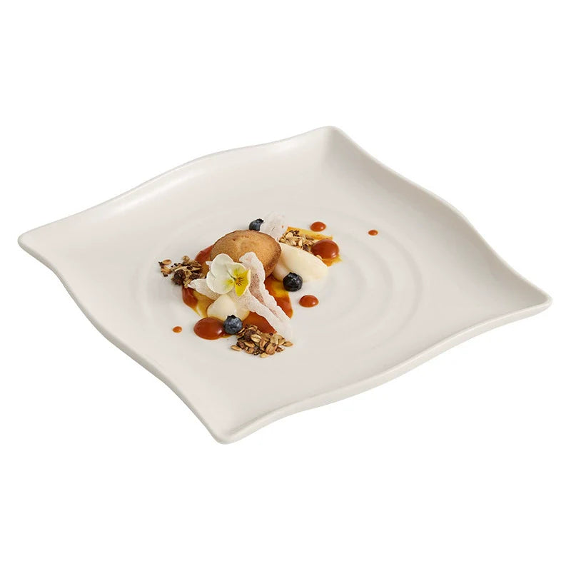 Modern ripple square plate in ivory white porcelain for minimalist dinnerware presentation and elegant dining — view 5