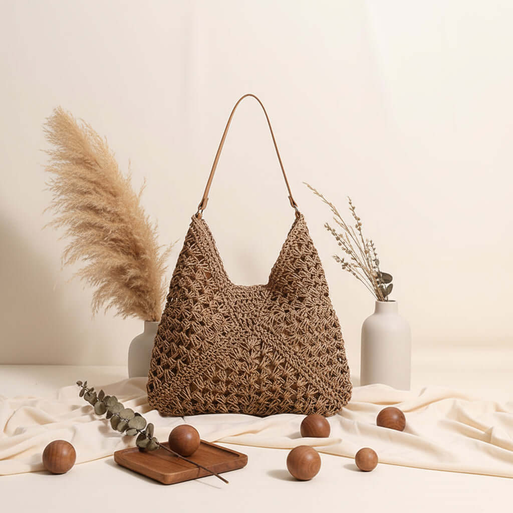 Large handmade crochet beach bag with woven hollow out triangle design and shoulder strap — view 3