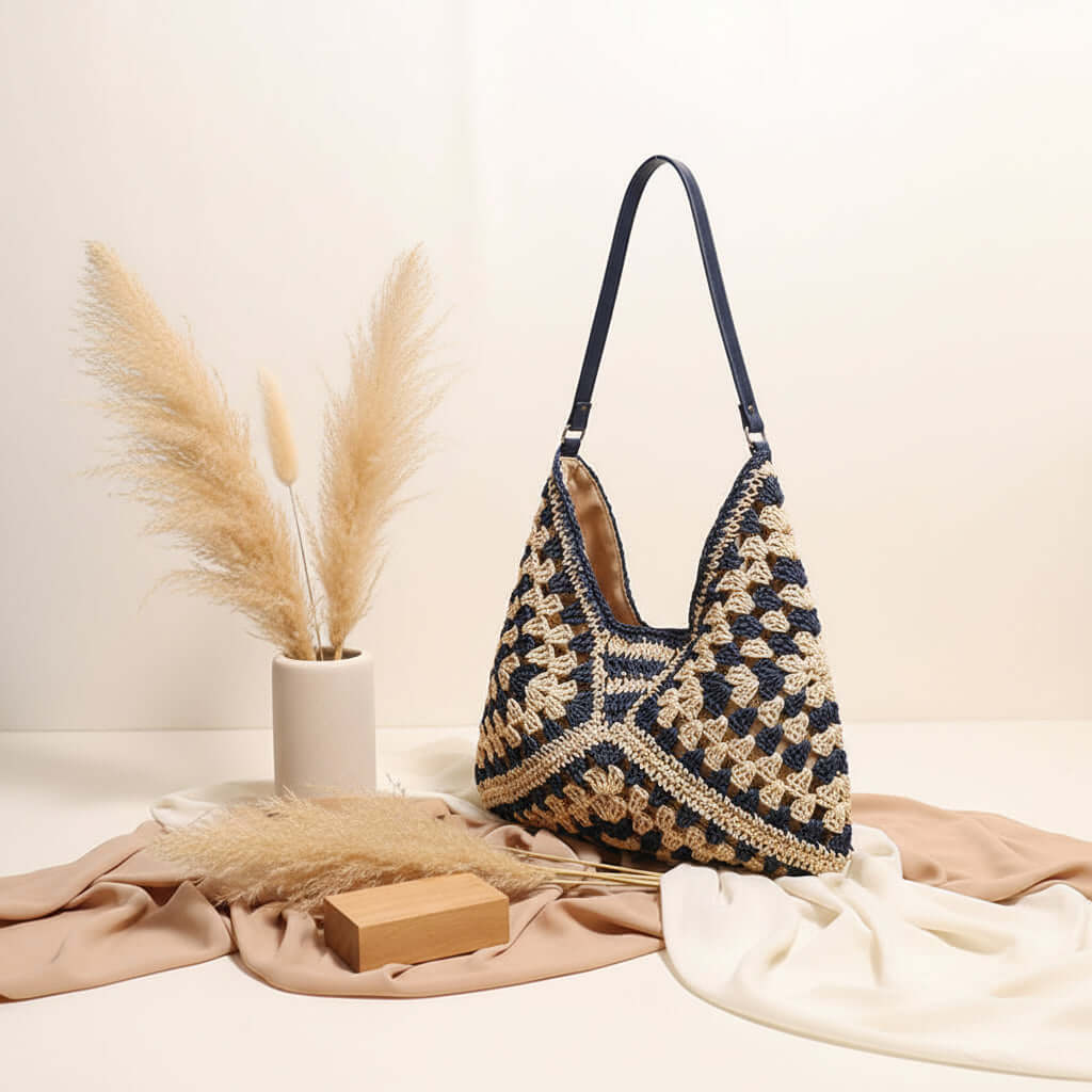 Large handmade crochet beach bag with woven hollow out triangle design and shoulder strap — view 5