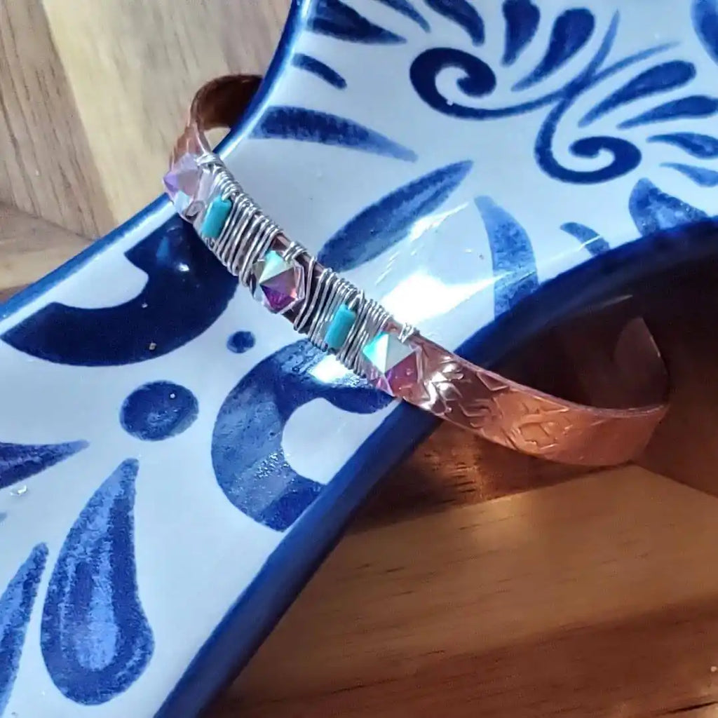 Handmade Copper Turquoise Crystal Spike Cuff-2