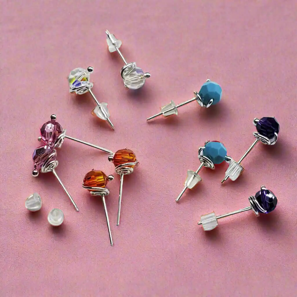 Handmade 6mm Silver Spiral Crystal Stud Earrings-3