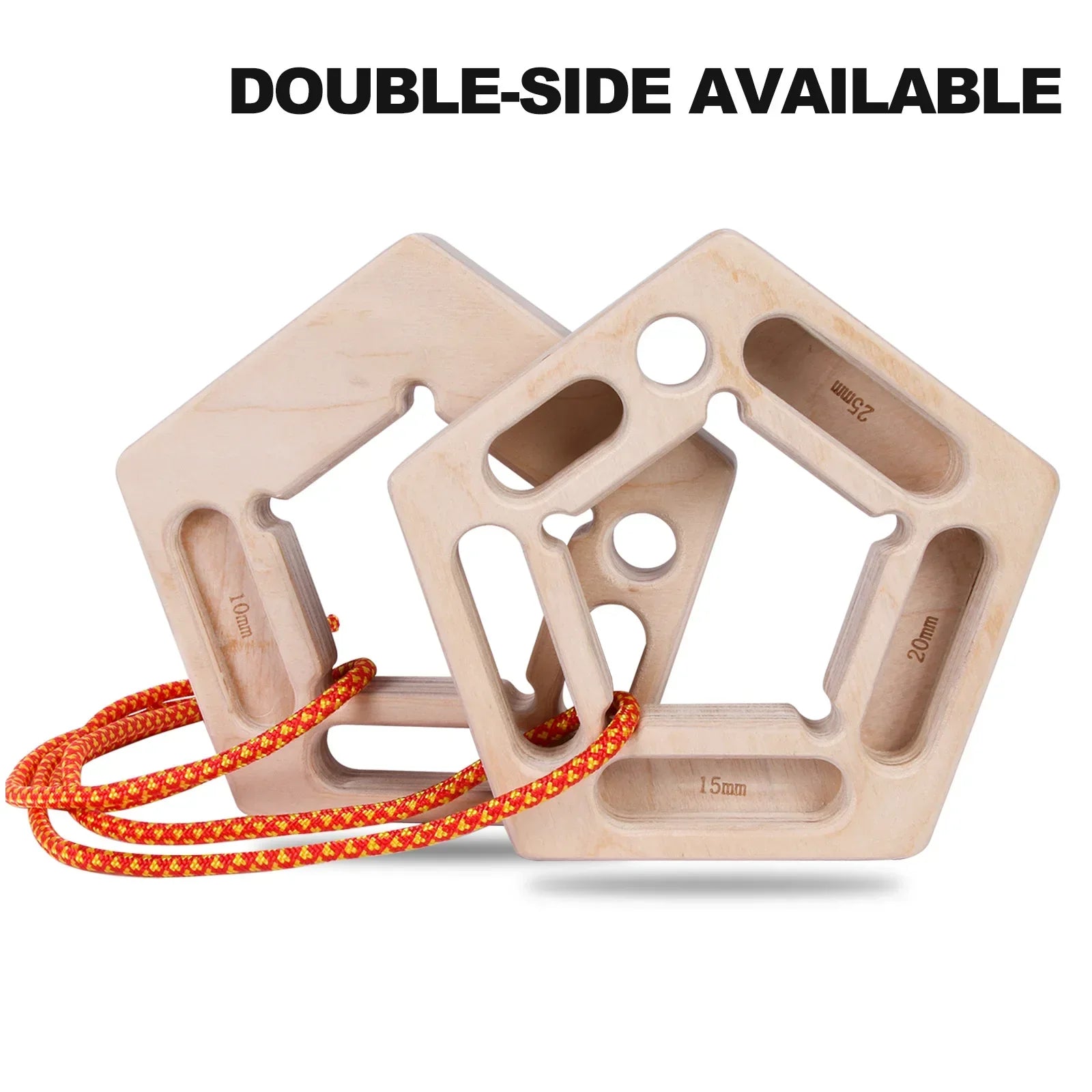 Portable double sided wooden climbing hangboard with mounting rope in khaki — view 2