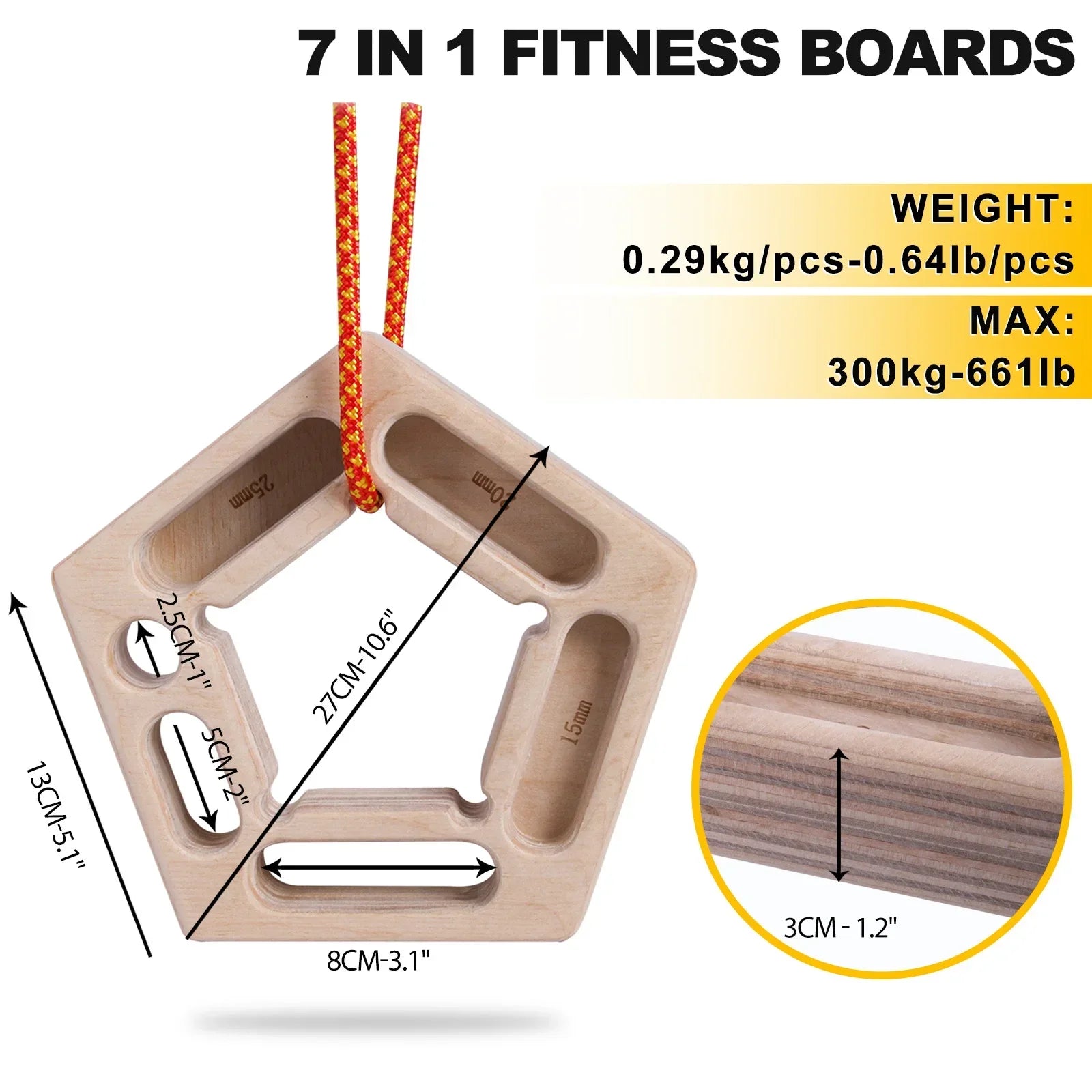 Solid wood double-sided rock climbing hangboard fingerboard with rope for grip training — view 3