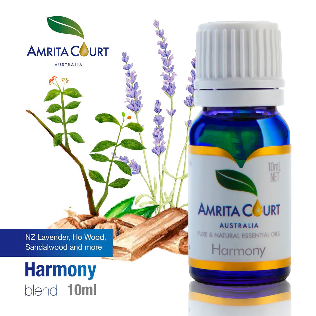 Harmony essential oil blend in a 10ml amber glass bottle for calming and grounding aromatherapy