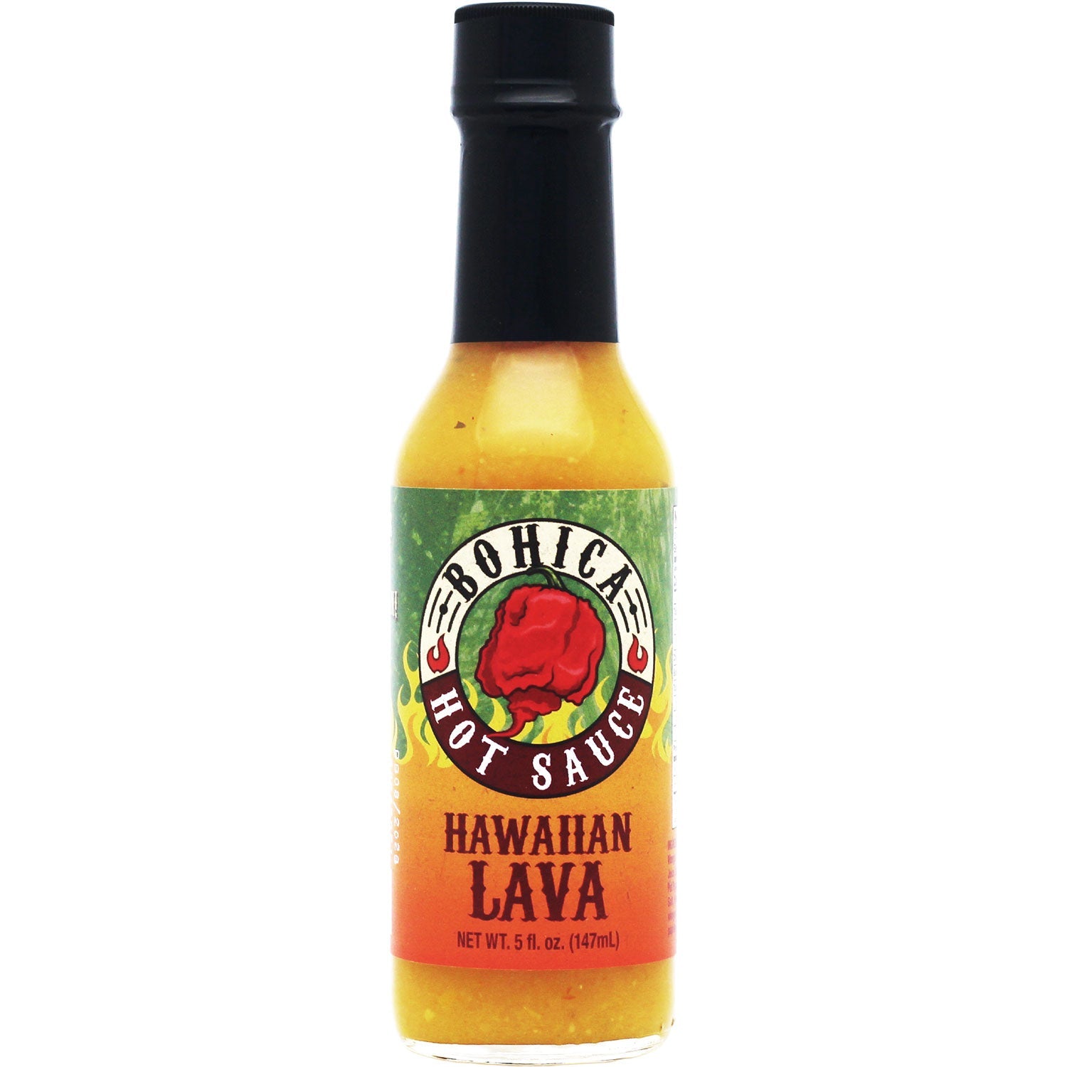 Bottle of Bohica Hawaiian Lava hot sauce with a blend of tropical fruits and spicy peppers — view 2