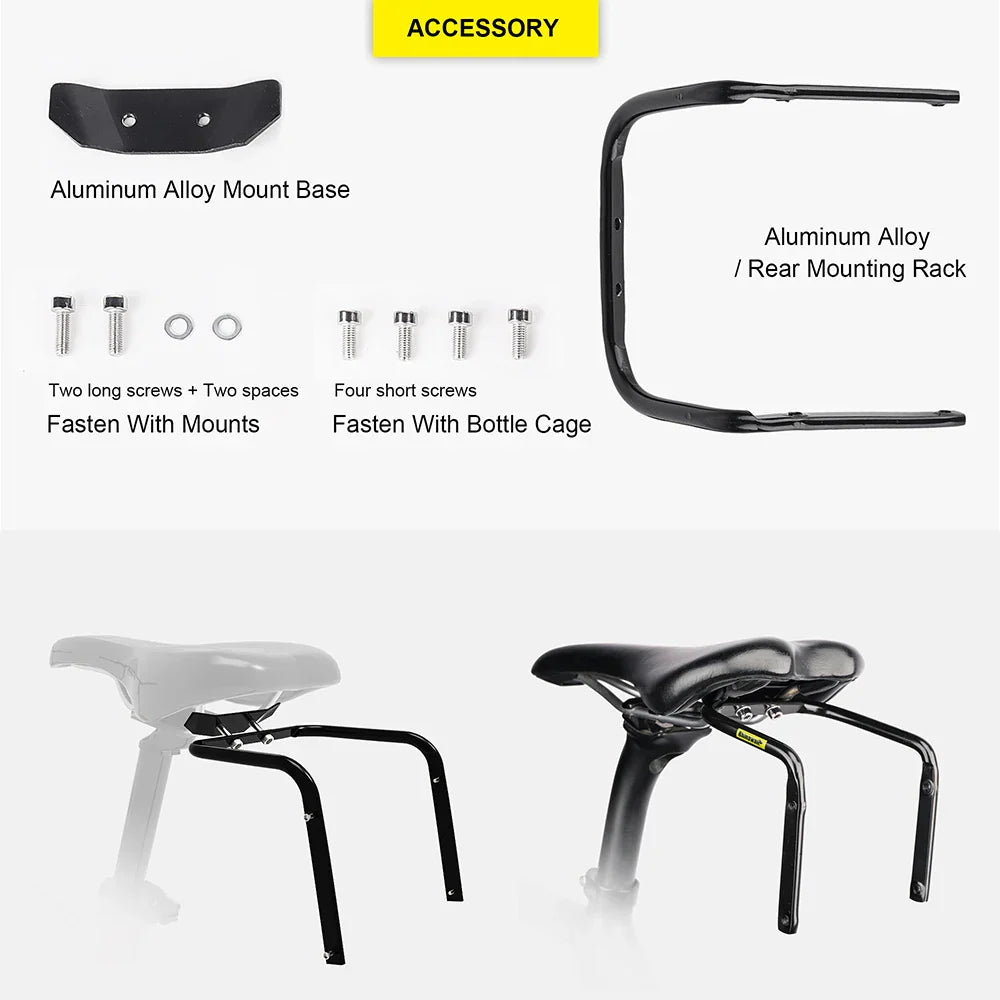 Black 13L waterproof bike saddlebag with stabilizer rack mounted on a bicycle. — view 5