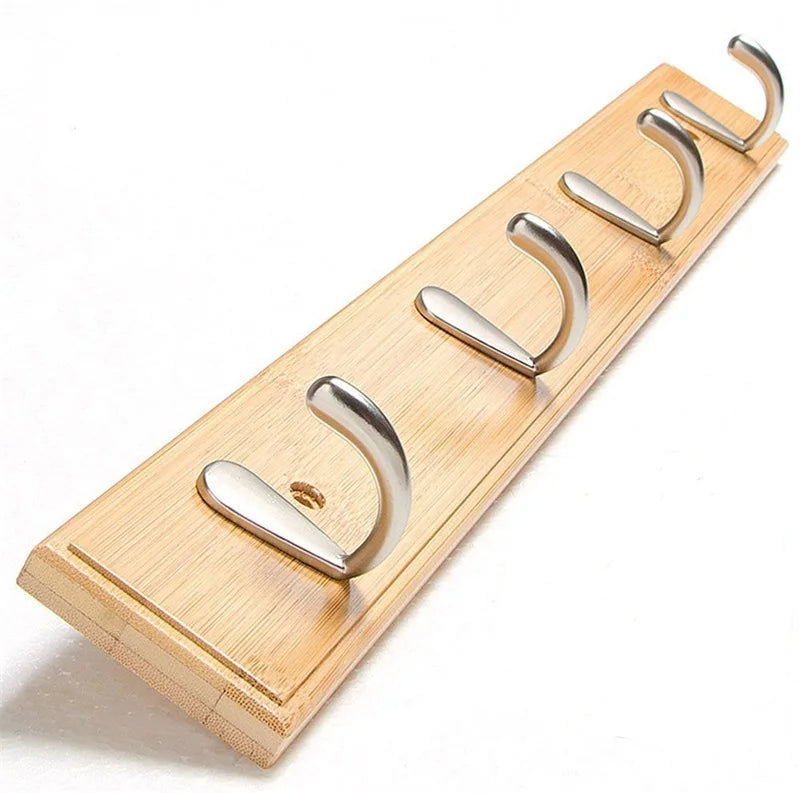 Bamboo wood four hook wall mounted coat and hat rack with silver zinc alloy hardware — view 2