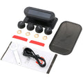 Solar wireless tire pressure monitor with black LCD display and four external waterproof sensors.