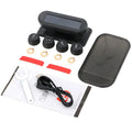 Black solar-powered wireless tire pressure monitoring system with colorful LCD display and four external sensors.