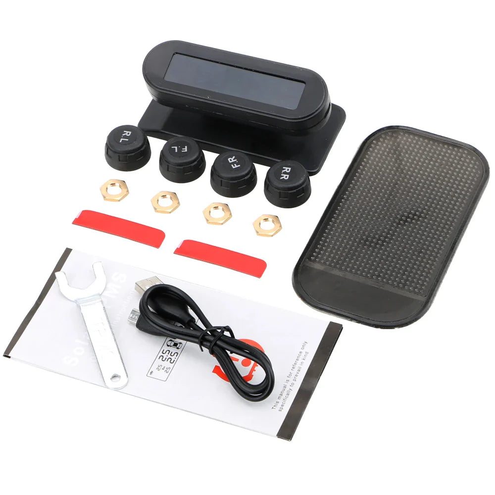 Black solar-powered wireless tire pressure monitoring system with colorful LCD display and four external sensors.