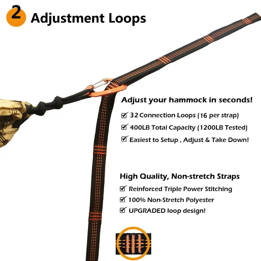 Adjustable black polyester hammock hanging belts with loops and two aluminum carabiners. — view 3