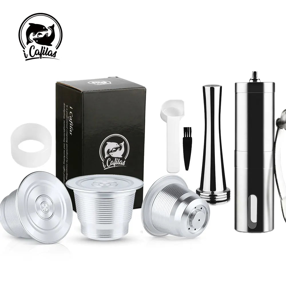 Steel reusable Nespresso pod in silver stainless steel, with included metal tamper spoon for espresso machines