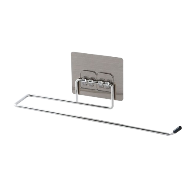 Silver stainless steel self-adhesive wall mount towel and paper roll holder for bathroom or kitchen.