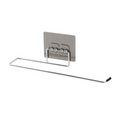 Silver stainless steel self-adhesive wall mount towel and paper roll holder for bathroom or kitchen.