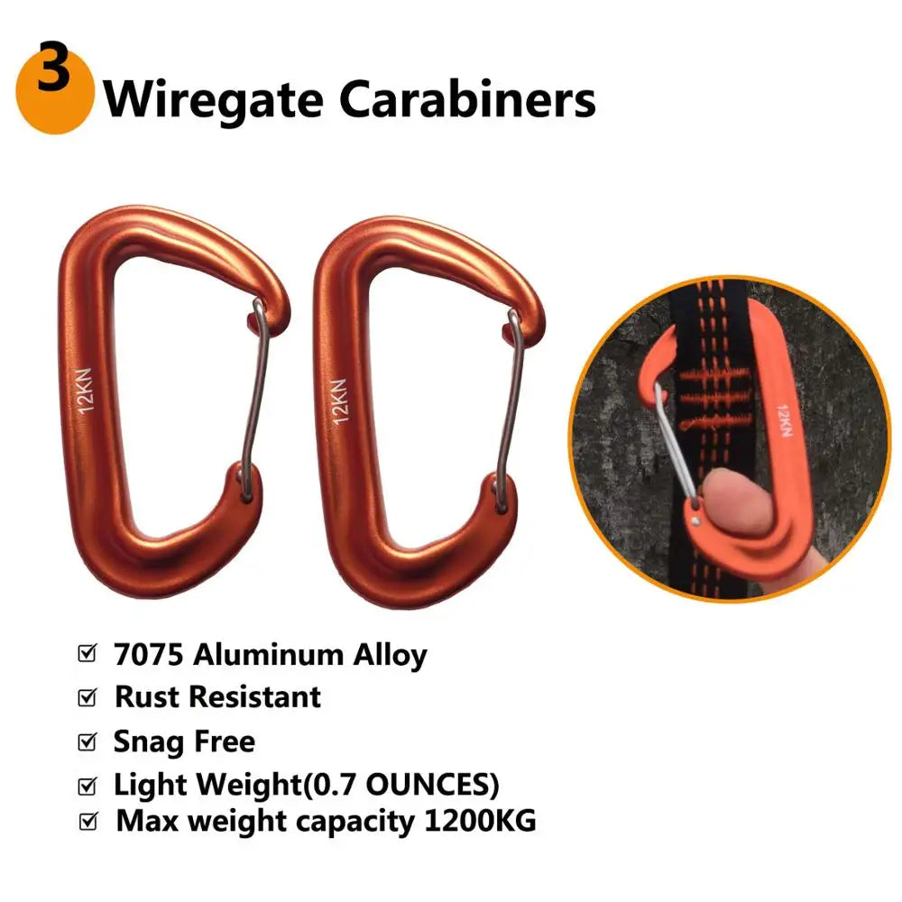 Adjustable black polyester hammock hanging belts with loops and two aluminum carabiners. — view 4