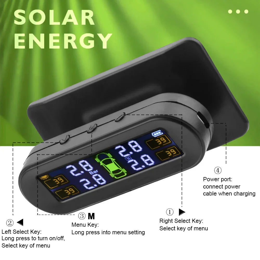Solar wireless tire pressure monitor with black LCD display and four external waterproof sensors. — view 4