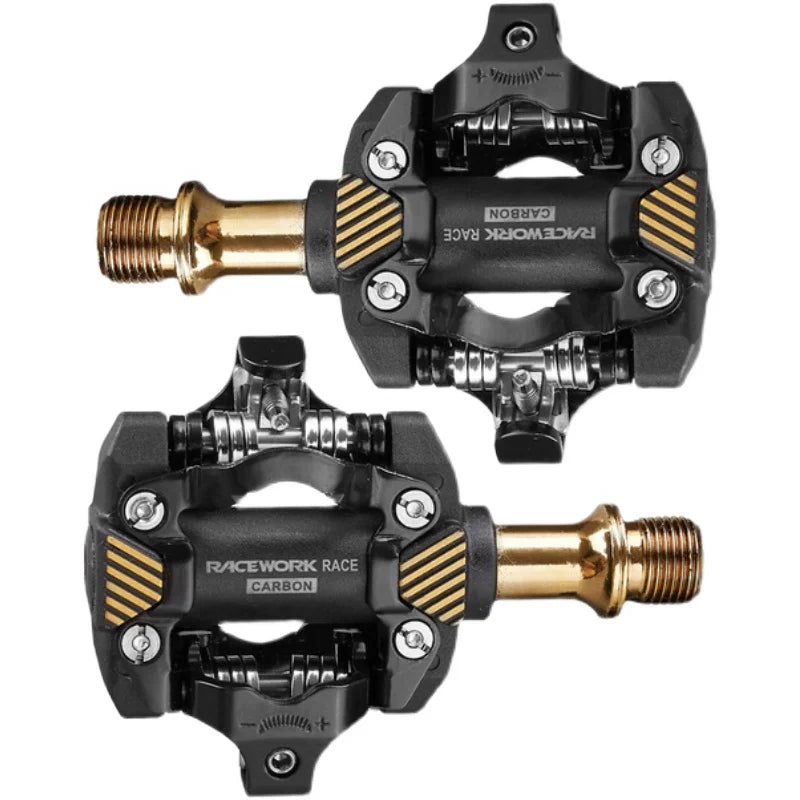 Gold and black carbon composite self-locking SPD mountain bike pedals with chrome steel axles