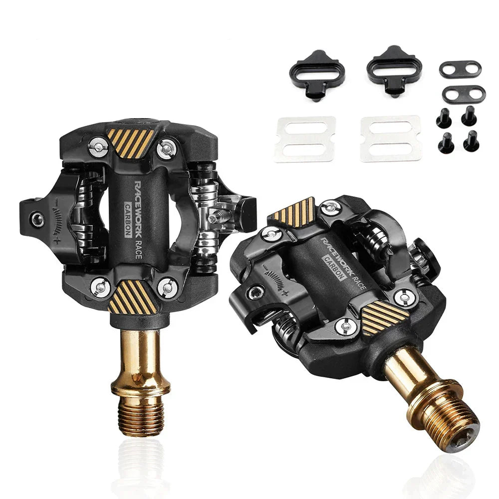 Gold and black carbon composite self-locking SPD mountain bike pedals with chrome steel axles — view 4
