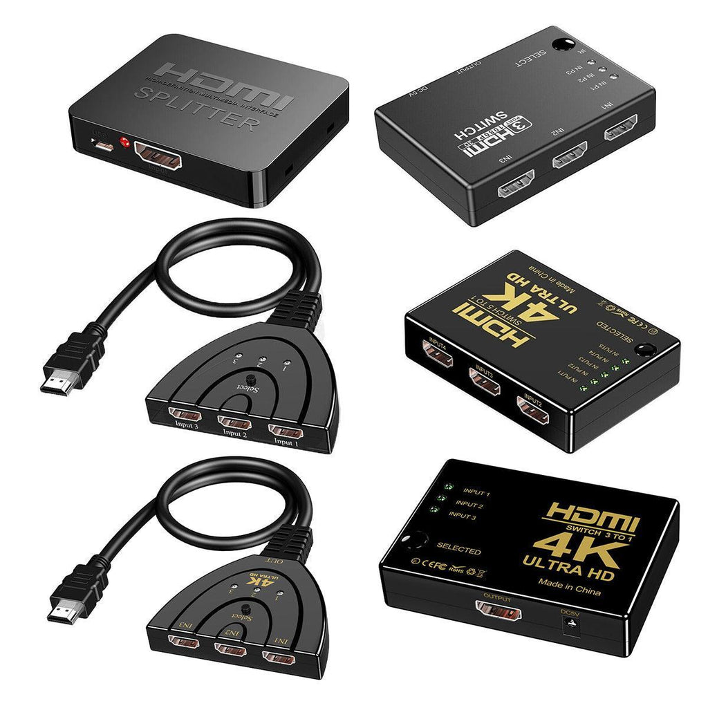 Black 4K HDMI switch and splitter in ABS housing with remote control and power cable — view 2
