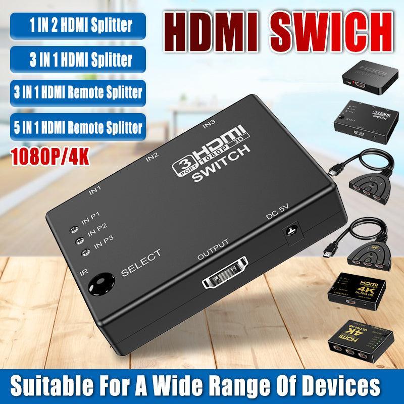 Black 4K HDMI switch and splitter in ABS housing with remote control and power cable
