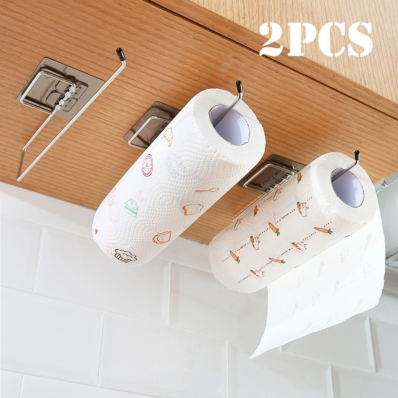 Silver stainless steel self-adhesive wall mount towel and paper roll holder for bathroom or kitchen. — view 3