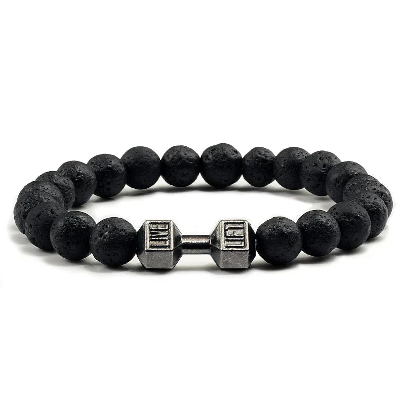 Dumbbell bead bracelet featuring natural black stone beads and silver fitness charm