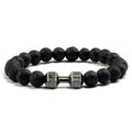 Dumbbell bead bracelet featuring natural black stone beads and silver fitness charm