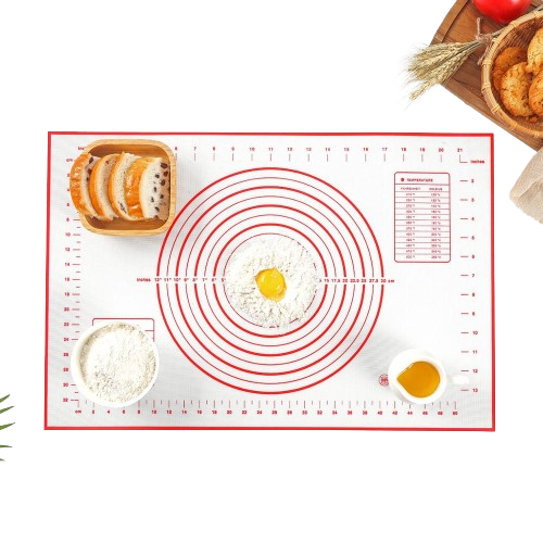 Large 60x40cm non-stick silicone baking mat and dough maker on a kitchen countertop
