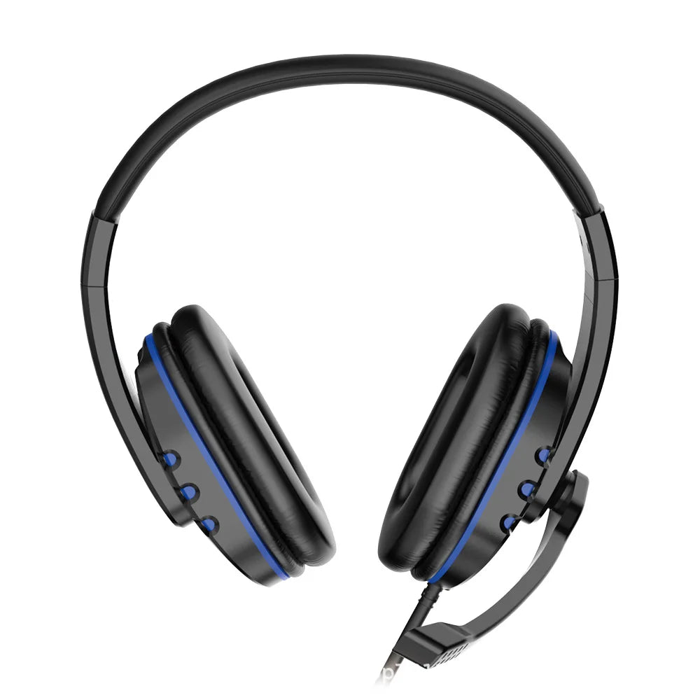 Black and blue wired gaming headset with omnidirectional microphone and soft ear pads — view 4