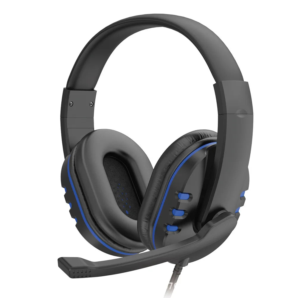 Black and blue wired gaming headset with omnidirectional microphone and soft ear pads — view 2