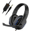 Black and blue wired gaming headset with omnidirectional microphone and soft ear pads