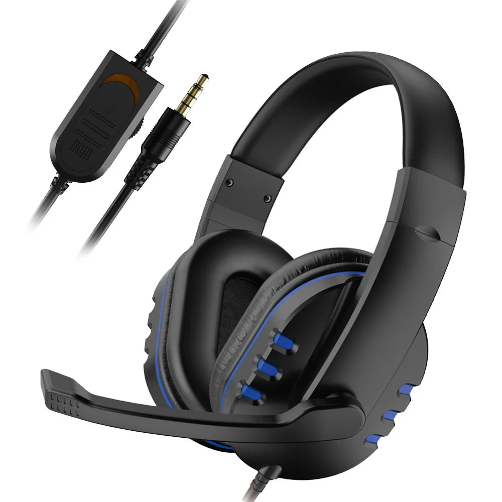 Black and blue wired gaming headset with omnidirectional microphone and soft ear pads
