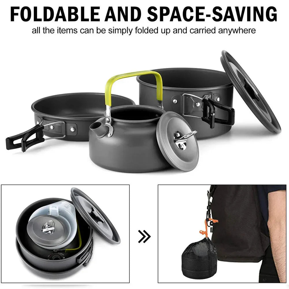 Black anodized aluminum 11-piece camping cookware set with nesting pots frying pan and portable teapot — view 3