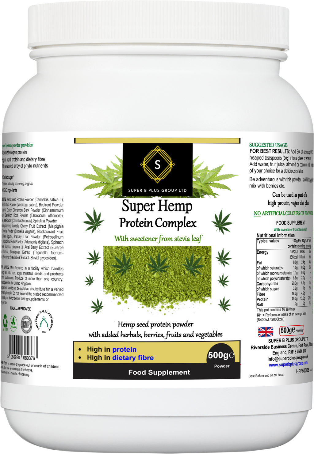 Super Hemp Protein Complex powder with herbal superfood blend in a 500g eco-friendly container