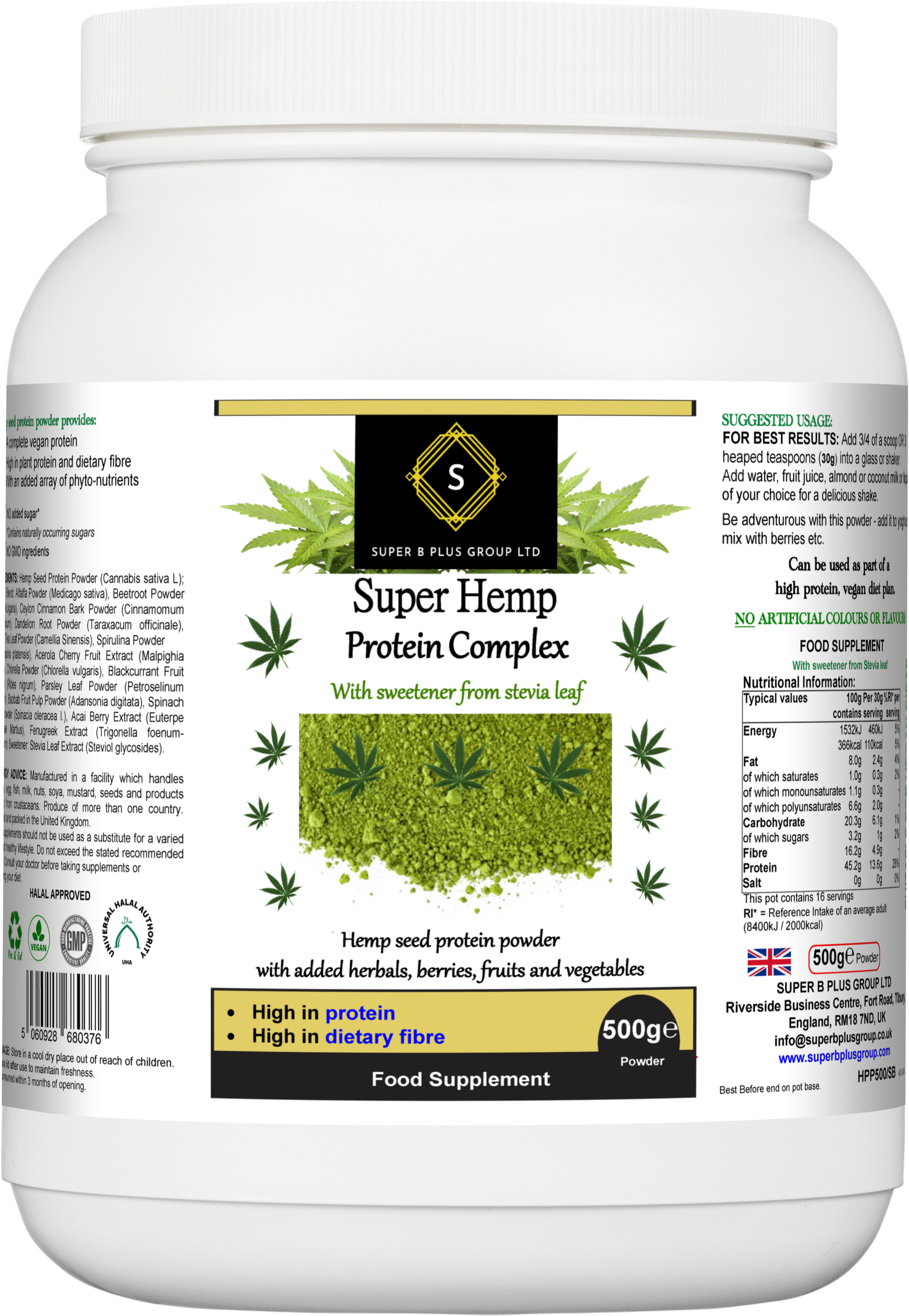 Super Hemp Protein Complex powder with herbal superfood blend in a 500g eco-friendly container