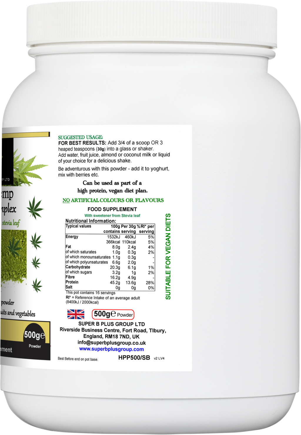 Super Hemp Protein Complex powder with herbal superfood blend in a 500g eco-friendly container — view 2