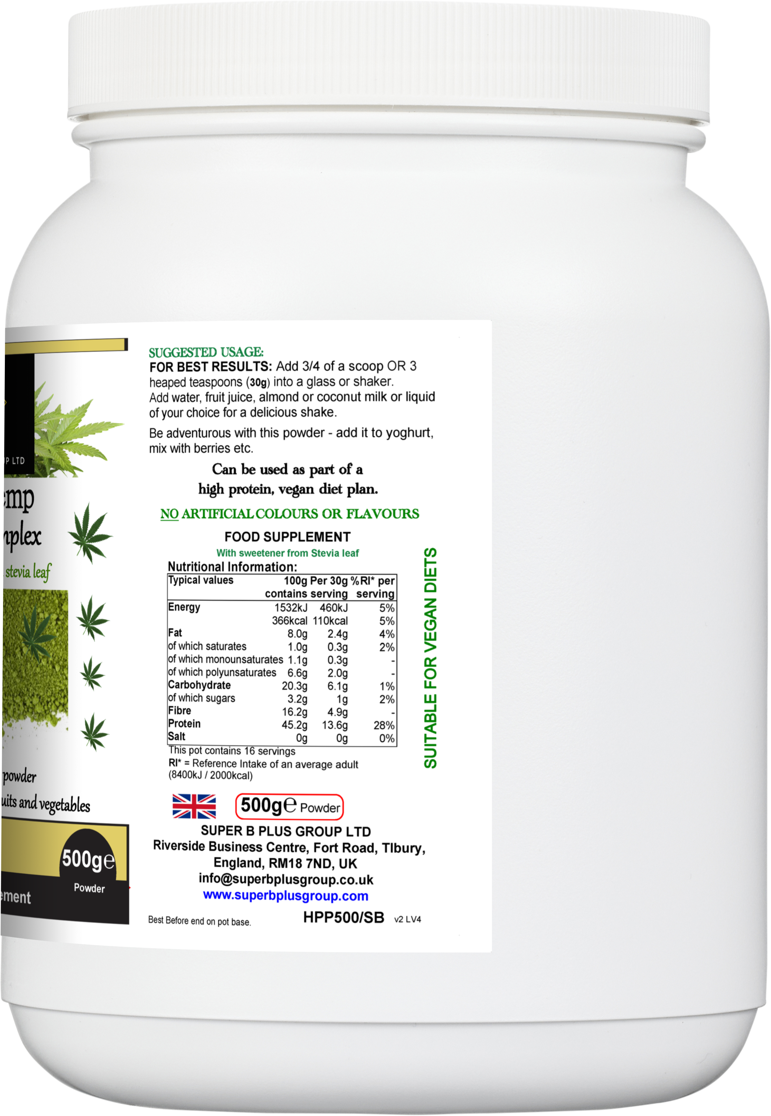 Super Hemp Protein Complex powder with herbal superfood blend in a 500g eco-friendly container — view 2