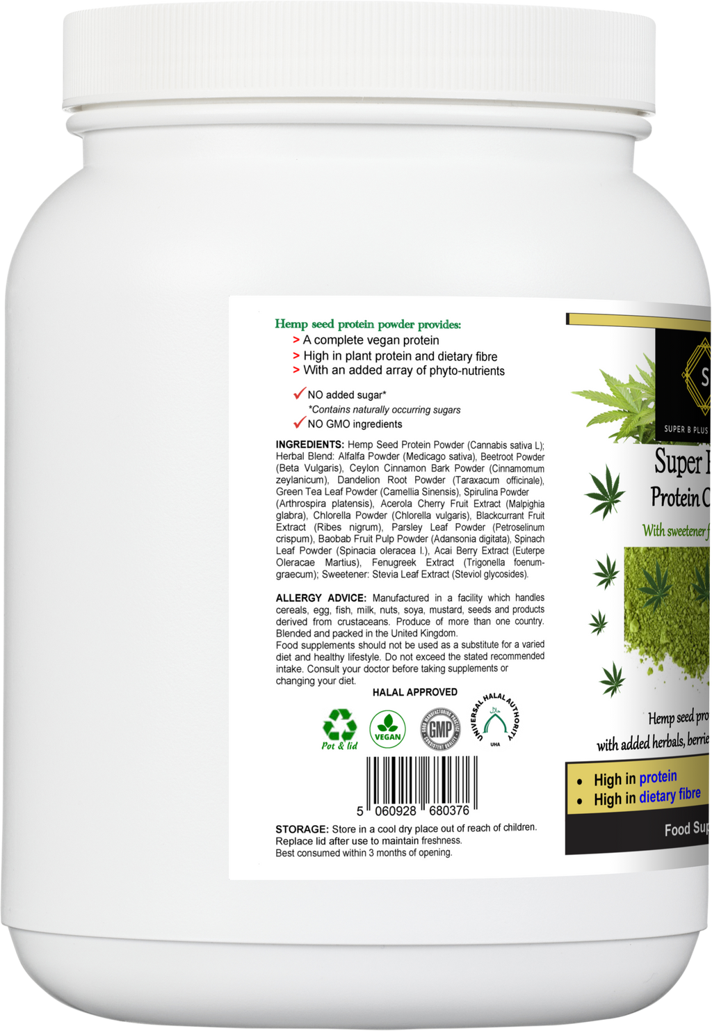 Super Hemp Protein Complex powder with herbal superfood blend in a 500g eco-friendly container — view 3