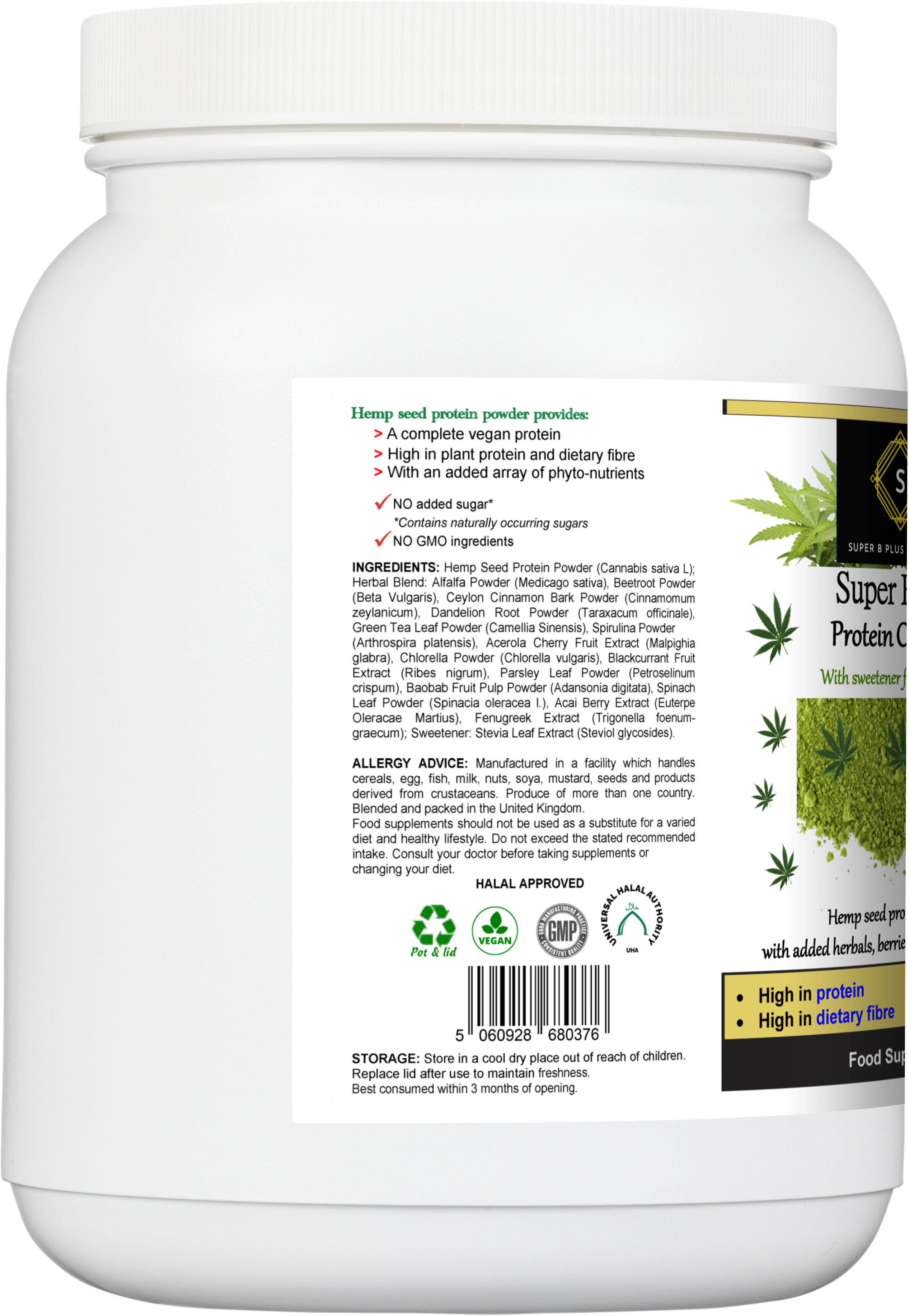 Super Hemp Protein Complex powder with herbal superfood blend in a 500g eco-friendly container — view 3