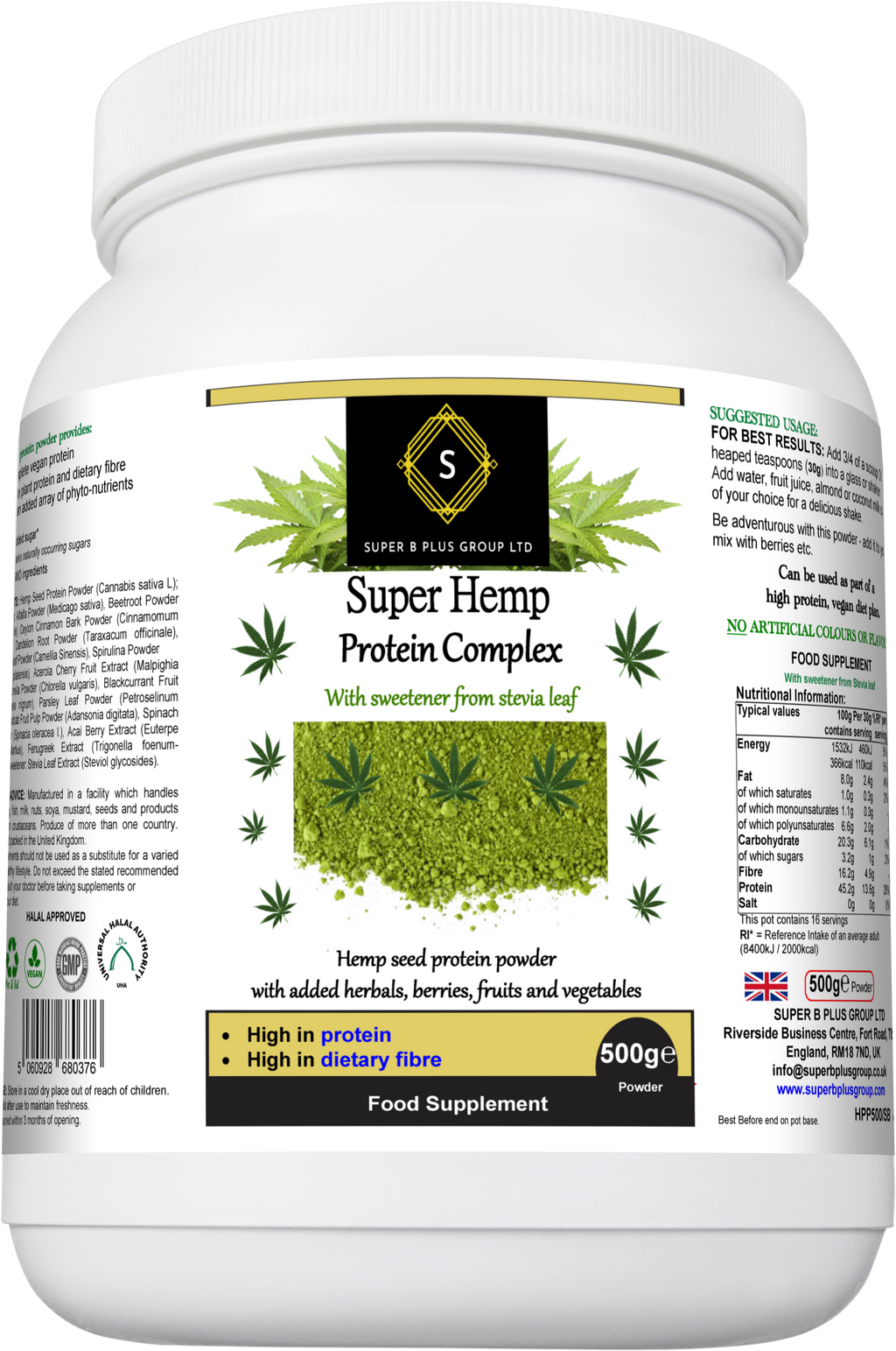 Super Hemp Protein Complex powder with herbal superfood blend in a 500g eco-friendly container — view 4