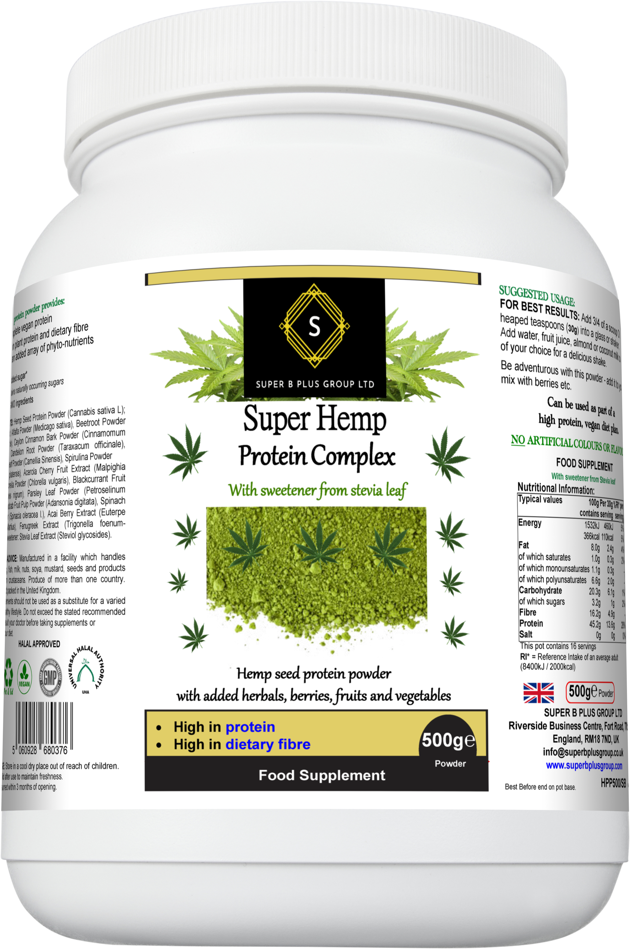 Super Hemp Protein Complex powder with herbal superfood blend in a 500g eco-friendly container — view 4